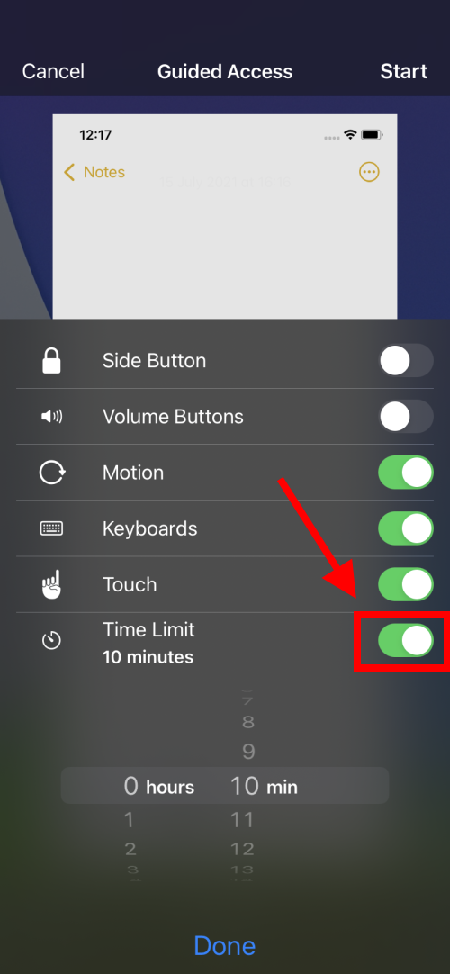 Tap the Time Limit toggle switch then set the length of the session